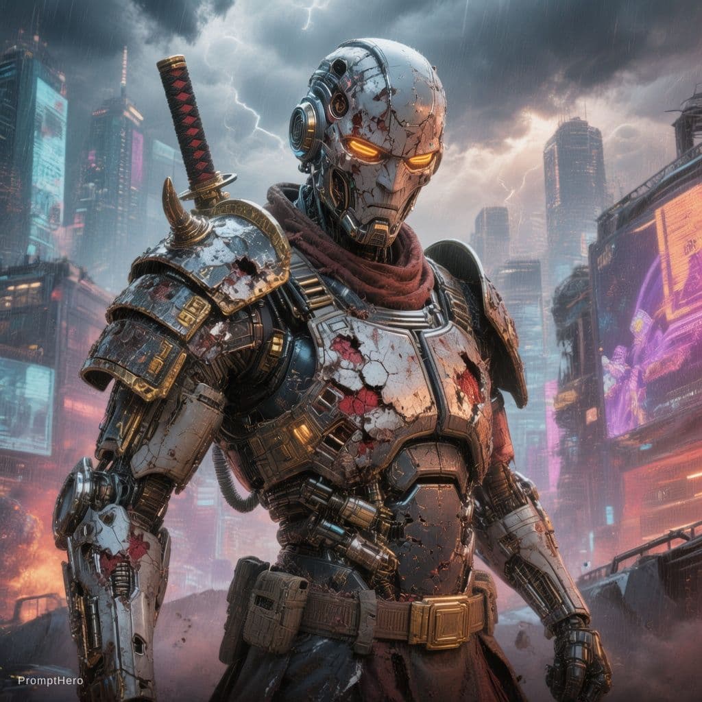 AI generated: Futuristic android robot Samurai, heavy damages, proud pose, epic composition, warframe, Ultrakill, ...