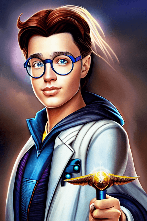 AI generated: full body portrait of a wizard like Harry Potter, he holds wand, a dark storm behind him, man, with ...