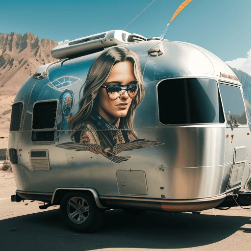AI generated: A paraglider flying over a vintage airstream camper, edgy street art, celebrity-portraits, cardboard...