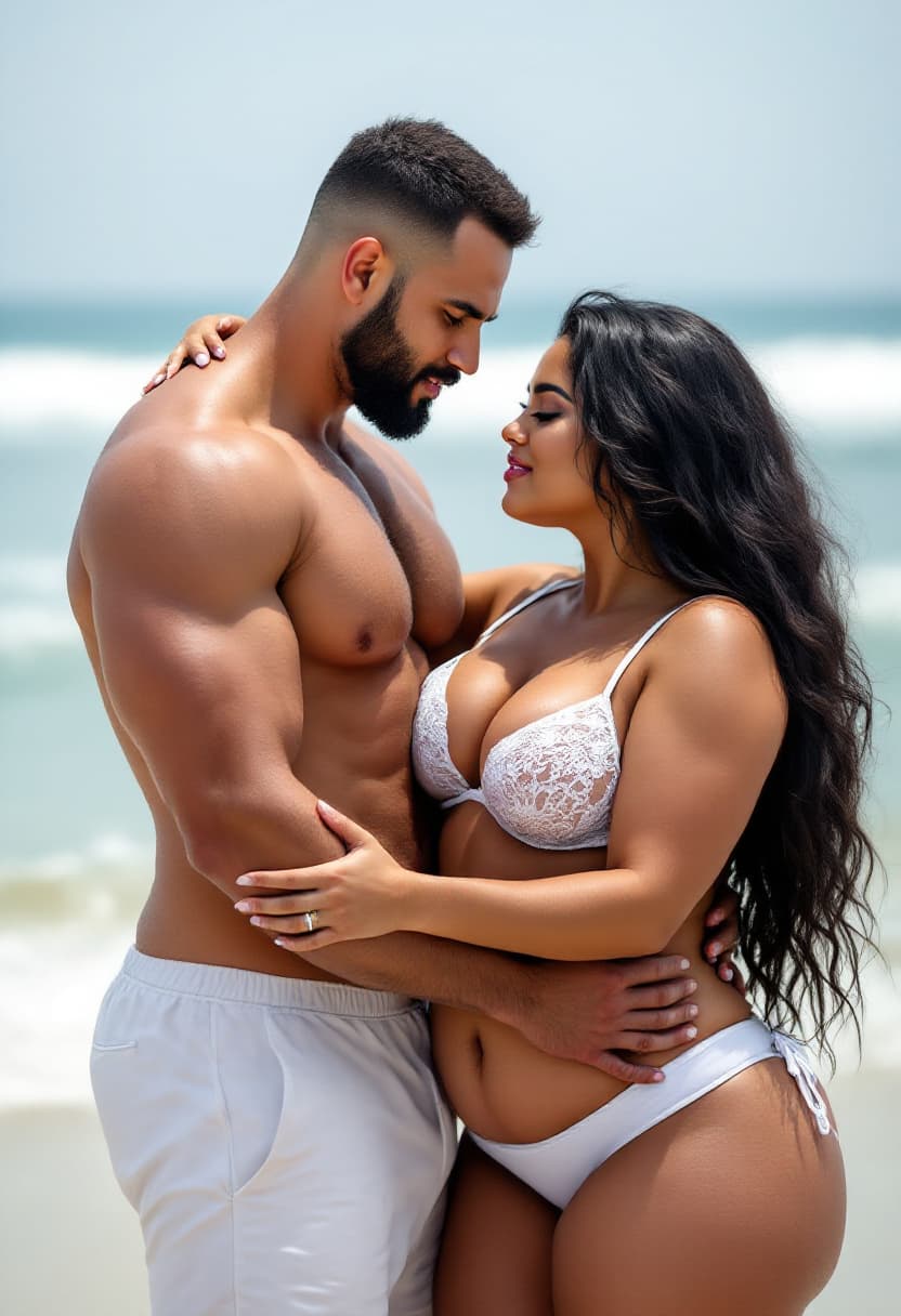 AI generated: Beautiful athletic Muscular couple hugging each other at the beach, Indian curvy large plus size wom...