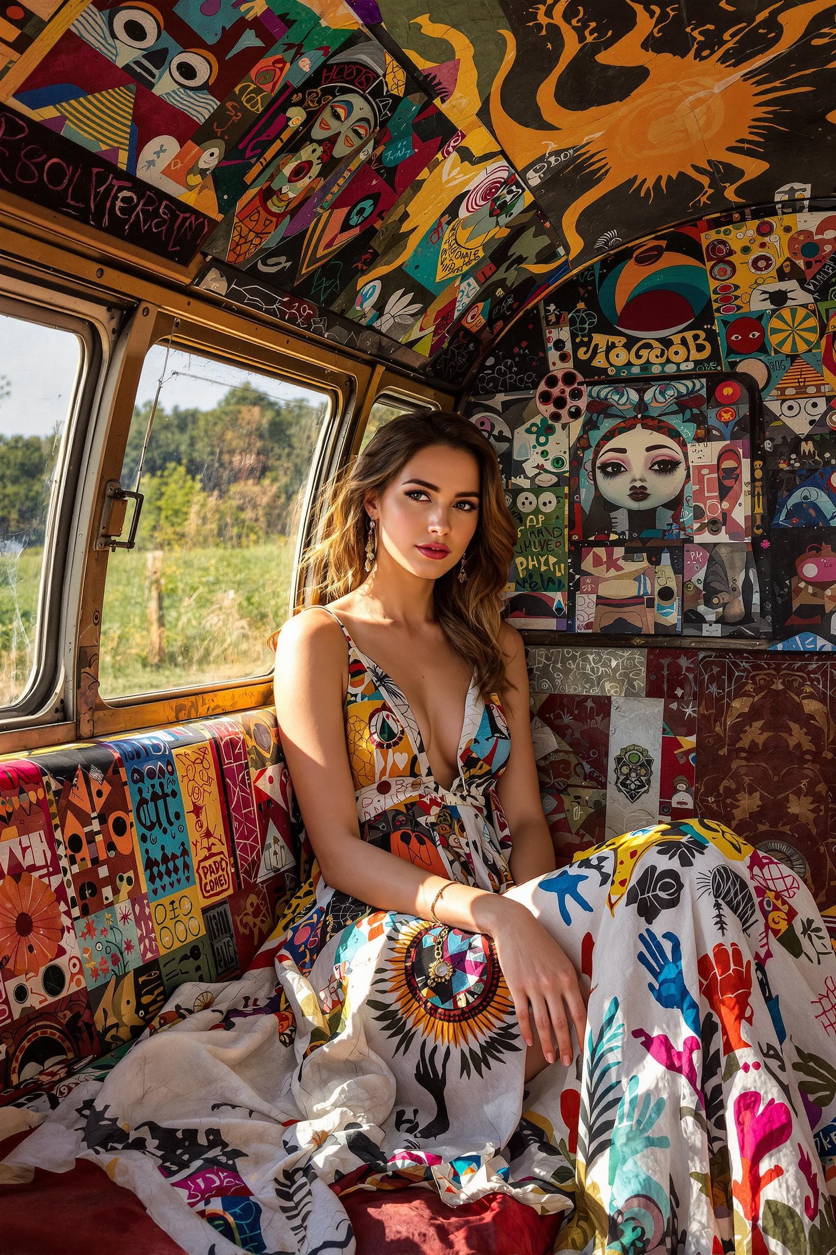 AI generated: (Realistic portrait:1.9) Inside a vintage, worn-out campervan (hand-painted with vibrant murals and ...