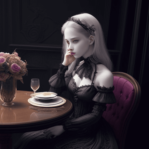 AI generated: a woman sitting at a table , by Valerie Petts, tumblr, intricate fantasy dress, blackish tones, offi...
