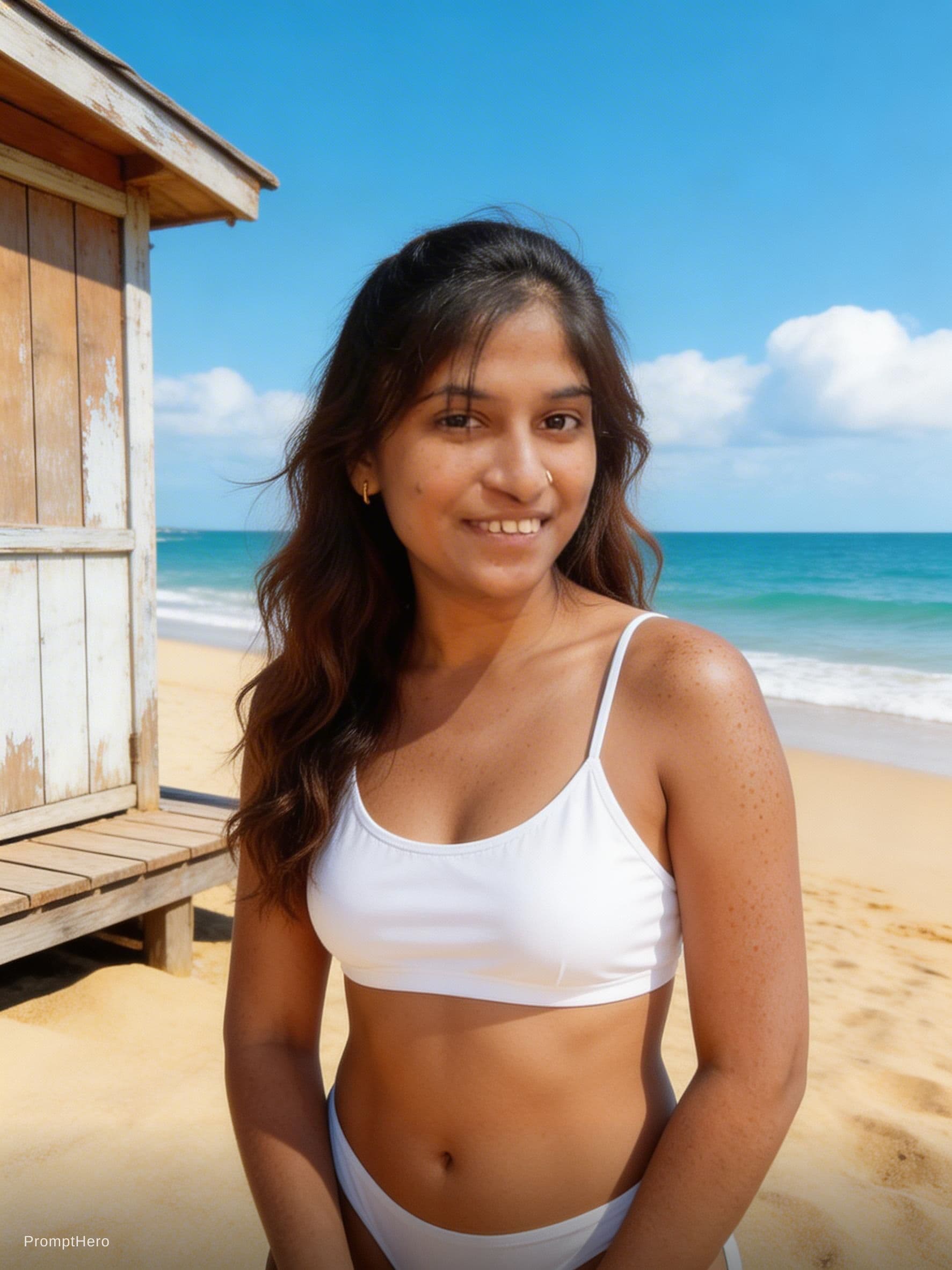 AI generated: realistic cinematic image with dark shadows and high contrast,

A fit 28yo woman standing on a sandy...