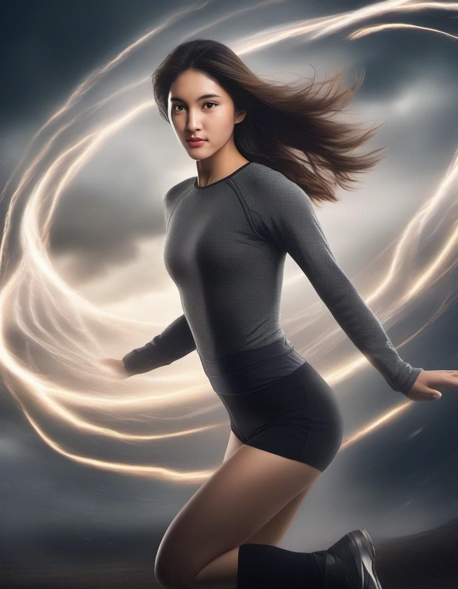 AI generated: masterpiece, best quality, agrias, grey sweater, black leotard, twirl, spin, blonde hair, superhero,...