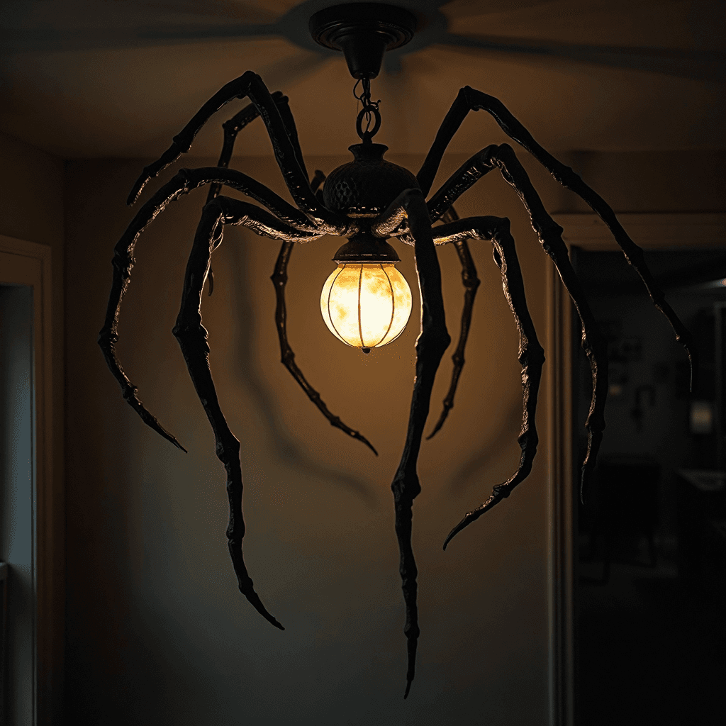 AI generated: A sinister spider hangs ominously from the ceiling as a lamp, its body crafted with a glowing bulbou...