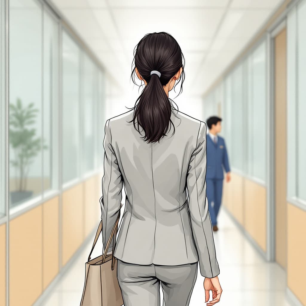 AI generated: A young Japanese woman with her semi-long hair tied back in a ponytail, seen from behind, wearing a ...