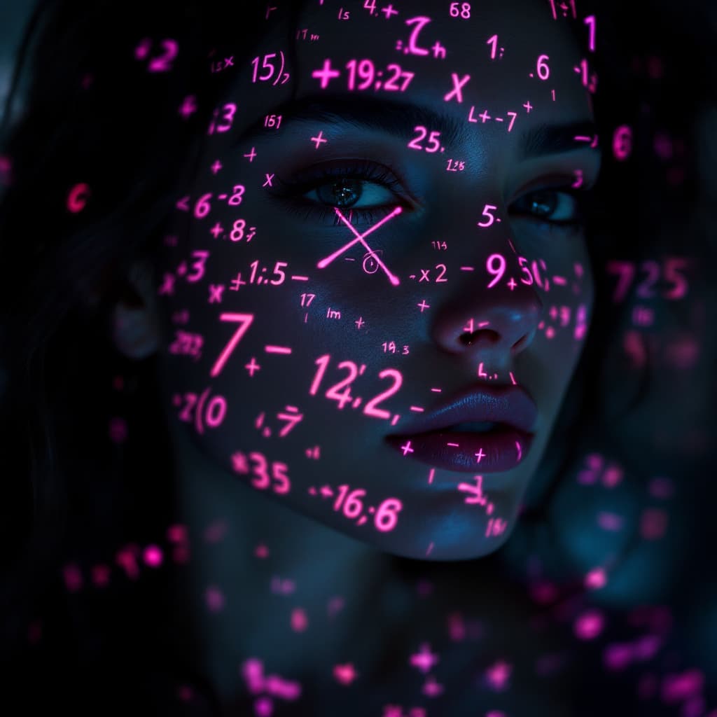 AI generated: Shadowrun Math Projection - A close-up of a person's face (Jessica Szohr) with set logical ambient b...