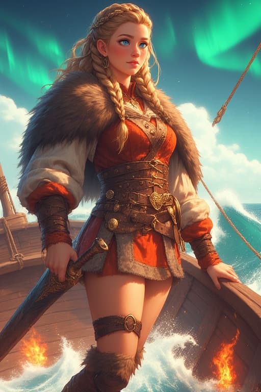 AI generated: Norse female warrior, battle-hardened, sword, wearing a fur cloak, in a ship, churning sea, northern...