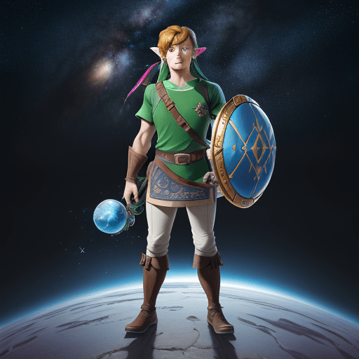 AI generated: Full body portrait of disney character, Hyper realistic Link, Link standing in front of a big magica...