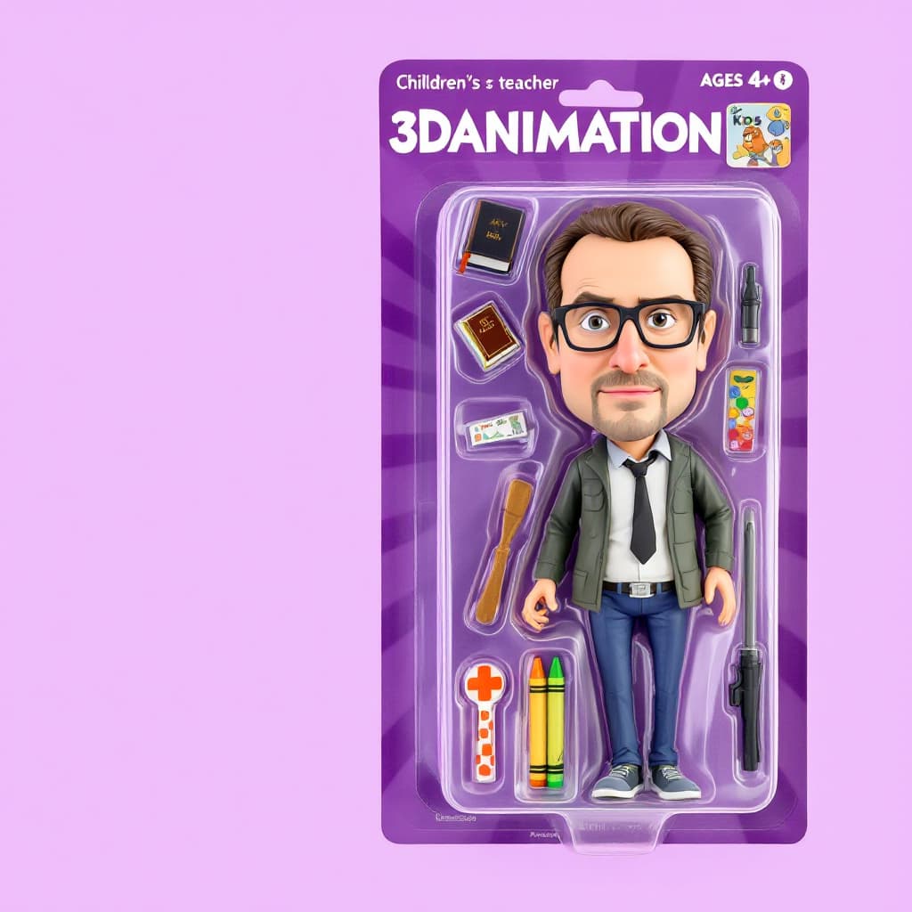 AI generated: A stylized collectible action figure of a Children's teacher in a toy package labeled for ages 4+. T...