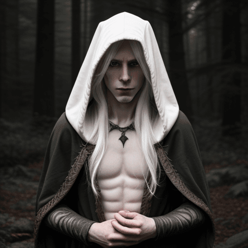 AI generated: Pale elf with white hair and a somber expression wearing a hooded dark cloak. Dark forest background