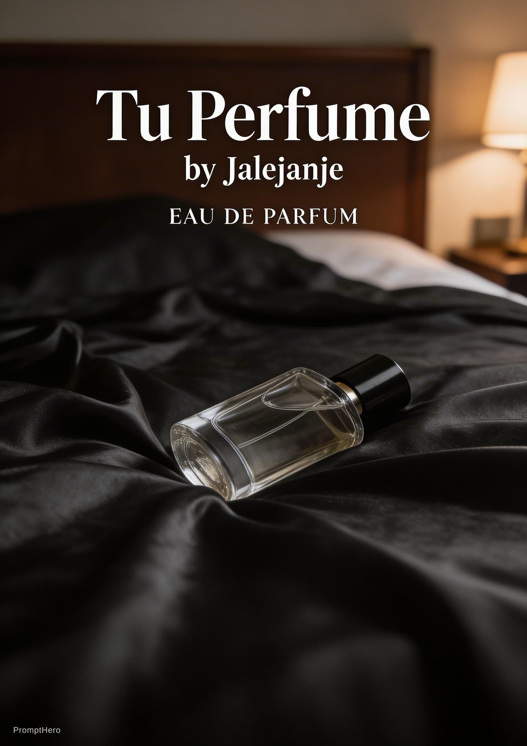 AI generated: Depressive sad perfume bottle, write "Tu Perfume" by Jalejanje eau de parfum, lying on bed hotel aft...