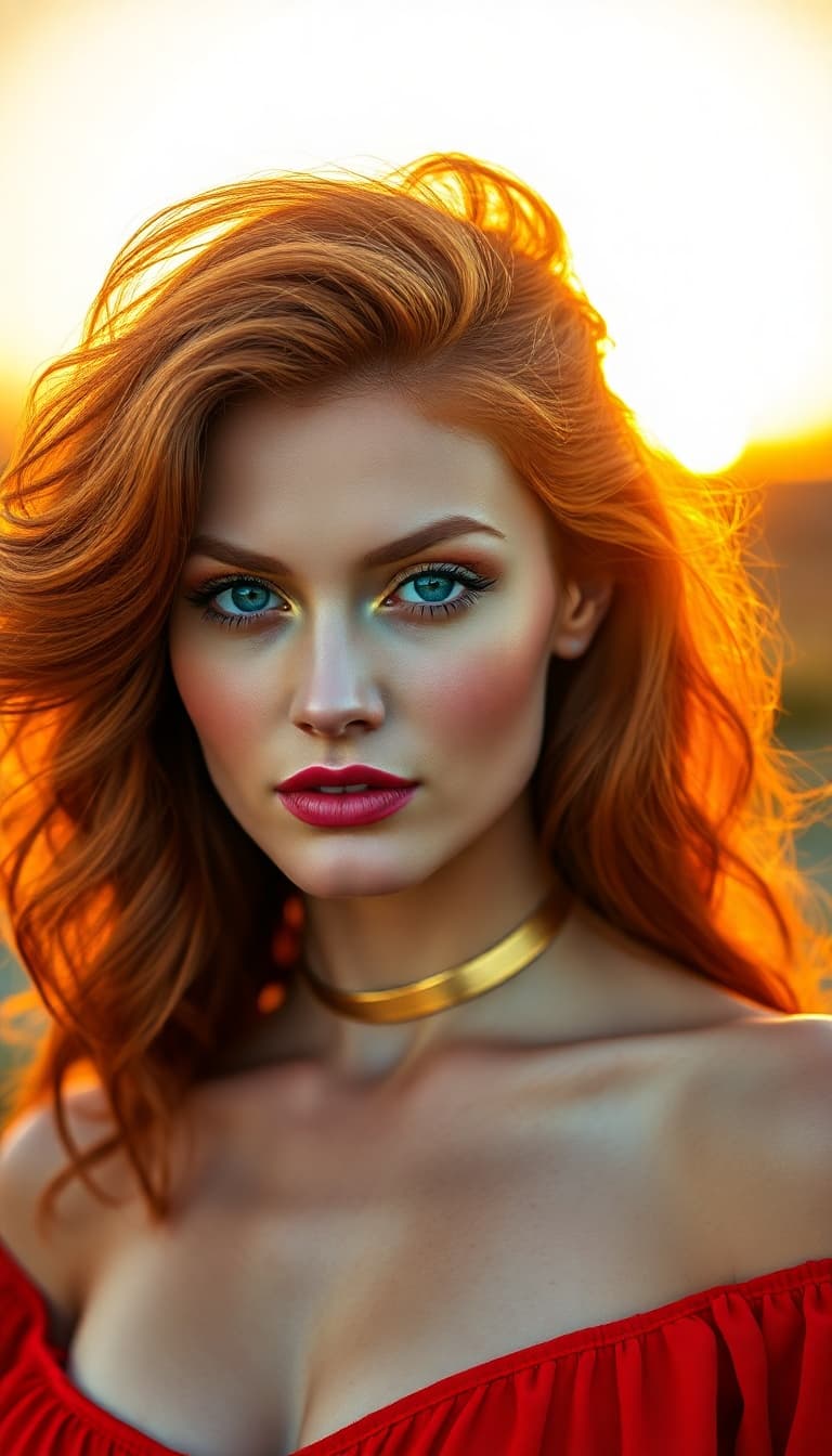 AI generated: "Fine art fashion portrait, warm golden hour light, bright vibrant colours. Supermodel with fair ski...