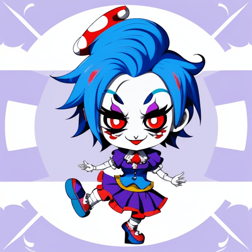 AI generated: Chibi style, colorful jester character with blue hair and big eyes, wearing red shoes and a clown co...