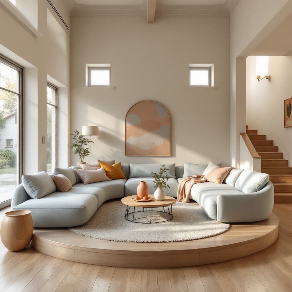 AI generated: High resolution photography interior design, dreamy sunken living room conversation pit, wooden floo...