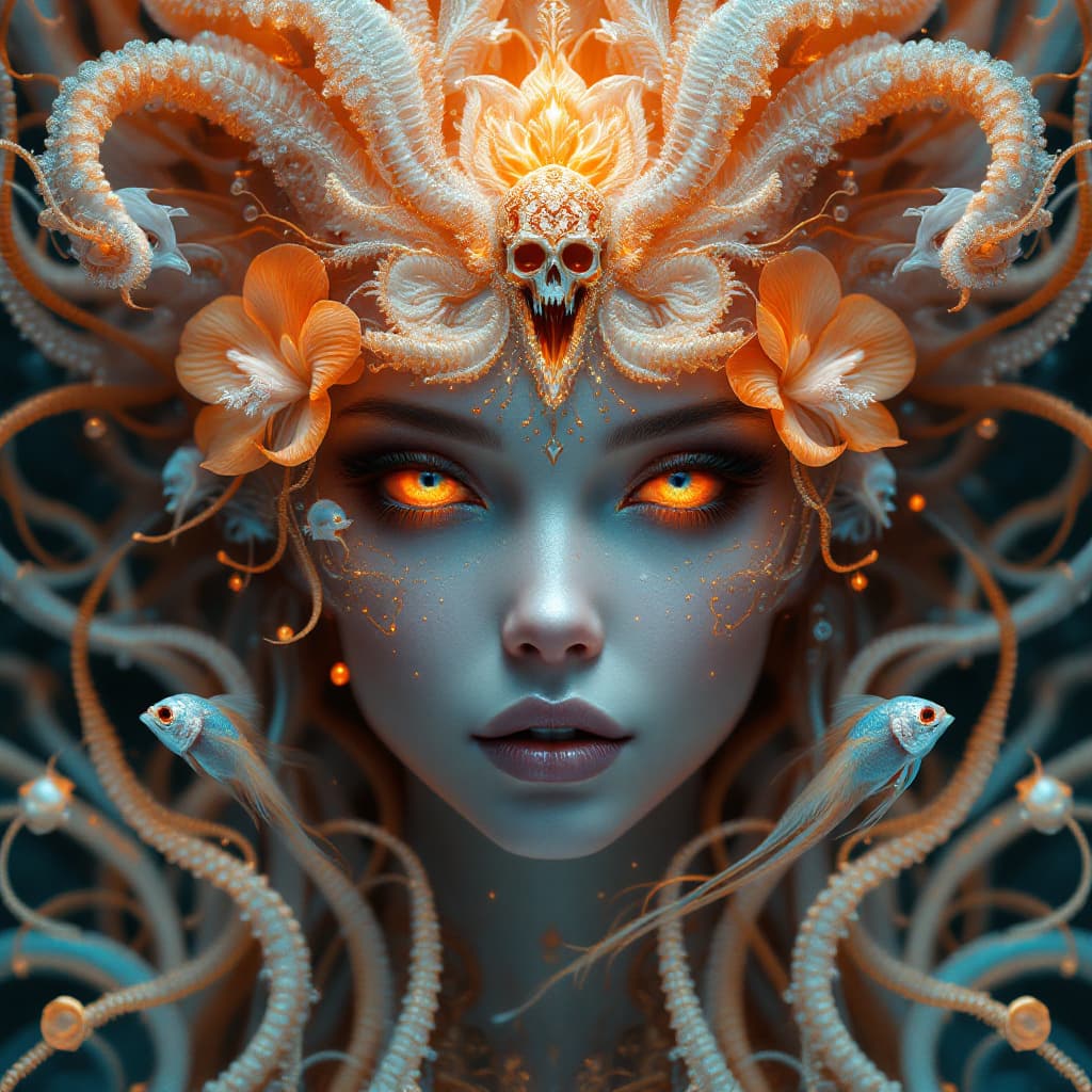 AI generated: Goddess close-up portrait ribcagel. jellyfish phoenix head, nautilus, orchid, skull, betta fish, bio...