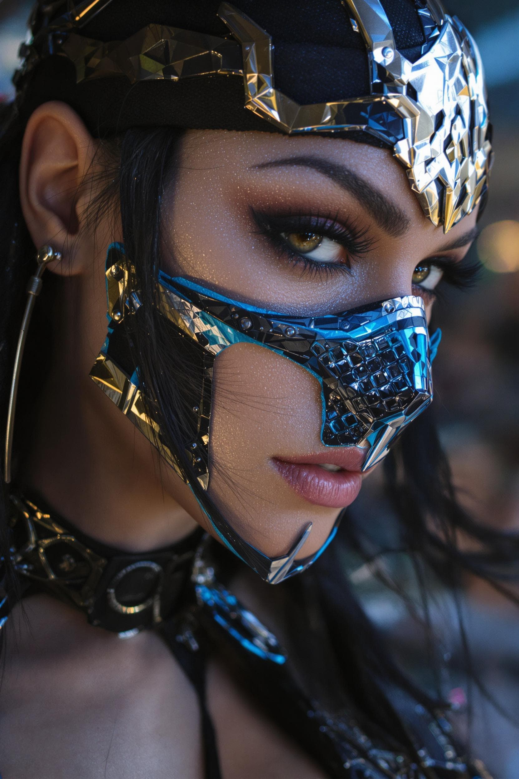 AI generated: Cyberpunk kitana from mortal kombat close up 