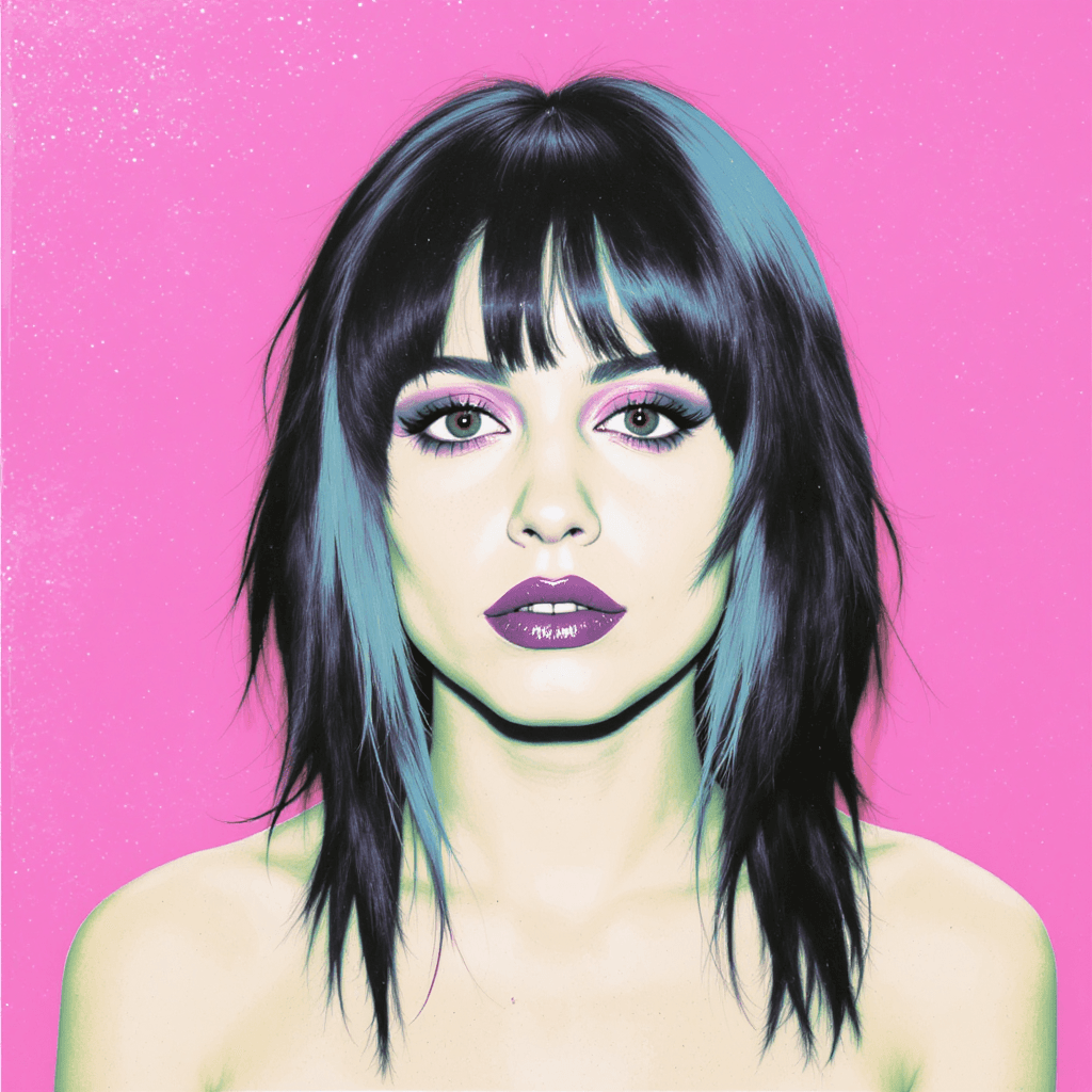 AI generated: Billie Eilish, in the style of Andy Warhol, simple background, pink, green, blue, and black colors -...