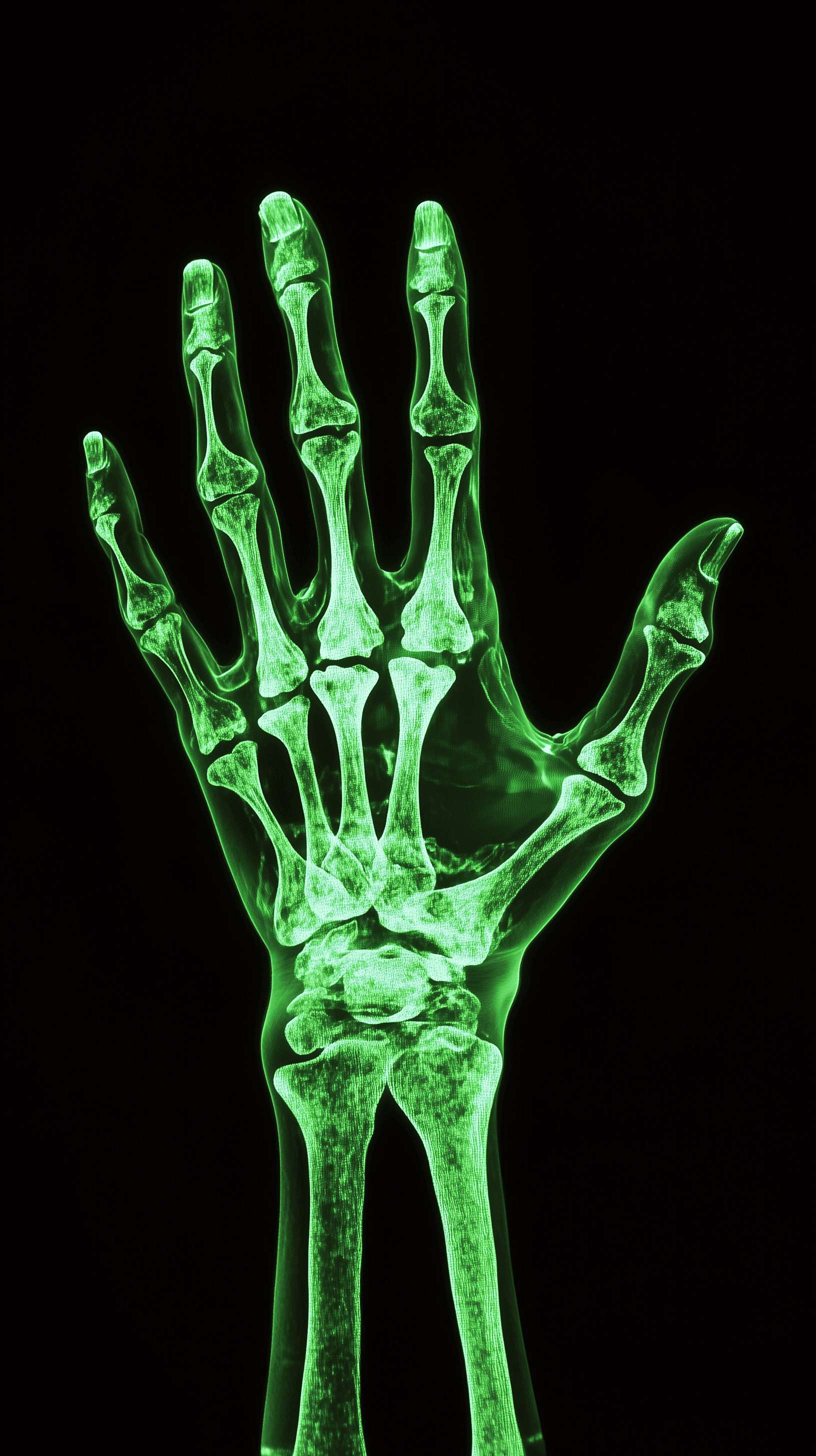 AI generated: neon green x-ray art, look down my hand, transparancy, bones, black background, hyper-realistic --ar...