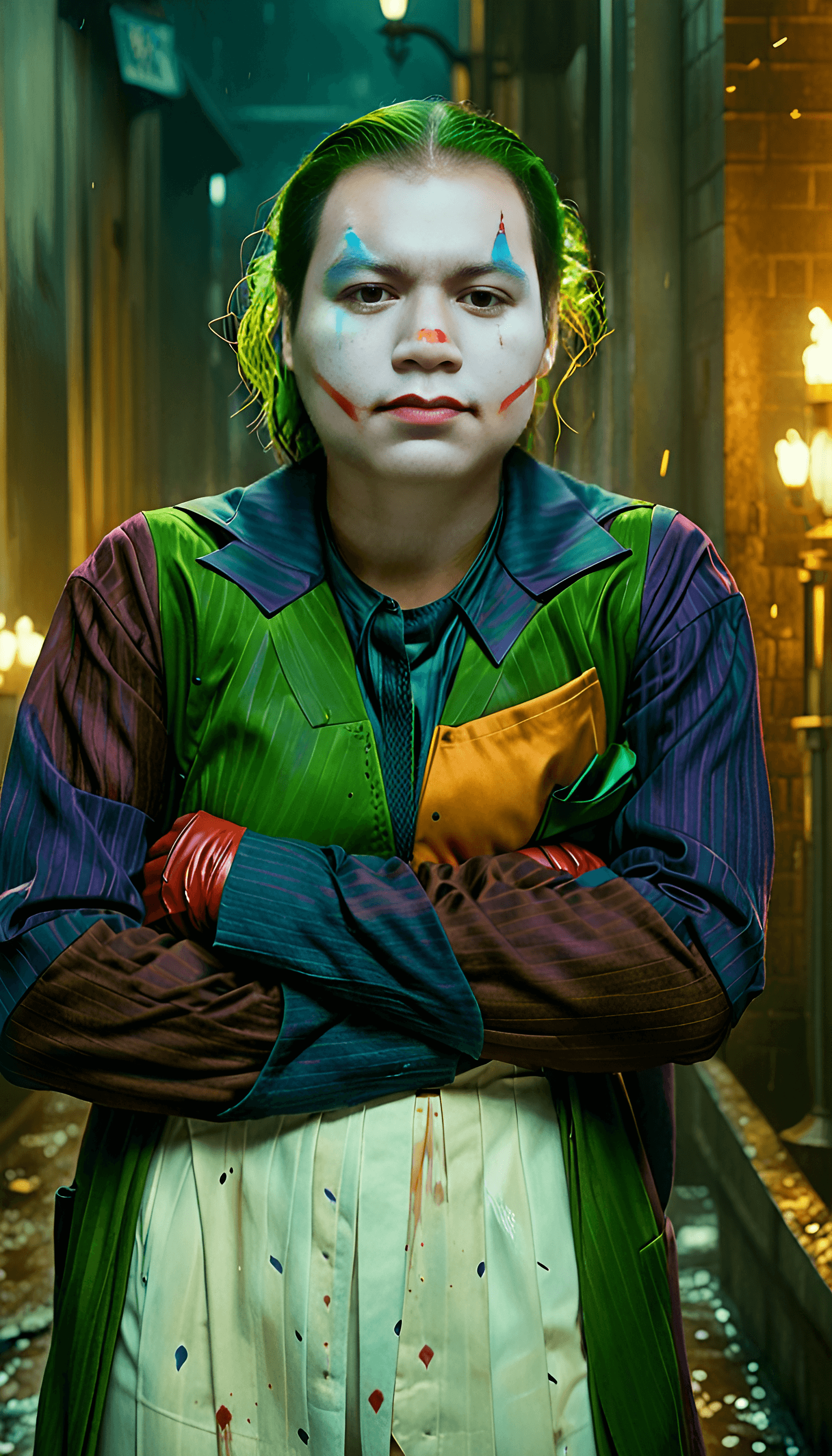 AI generated: A beautiful portrait margot robbie as Joker, digital art by Eugene de Blaas and Ross Tran, vibrant c...
