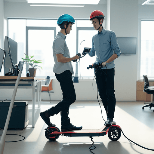 AI generated: Electric scooter plugged in and charging in an office work and a man working at his desk