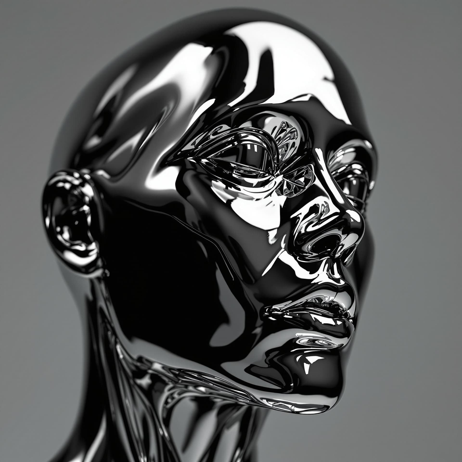 AI generated: highly reflective, polished metal humanoid face, distorted and twisted into abstract shapes, reflect...