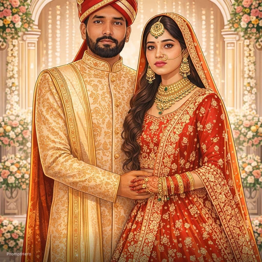 AI generated: Use the uploaded photo as the face reference. Create a beautiful Indian wedding couple illustration ...