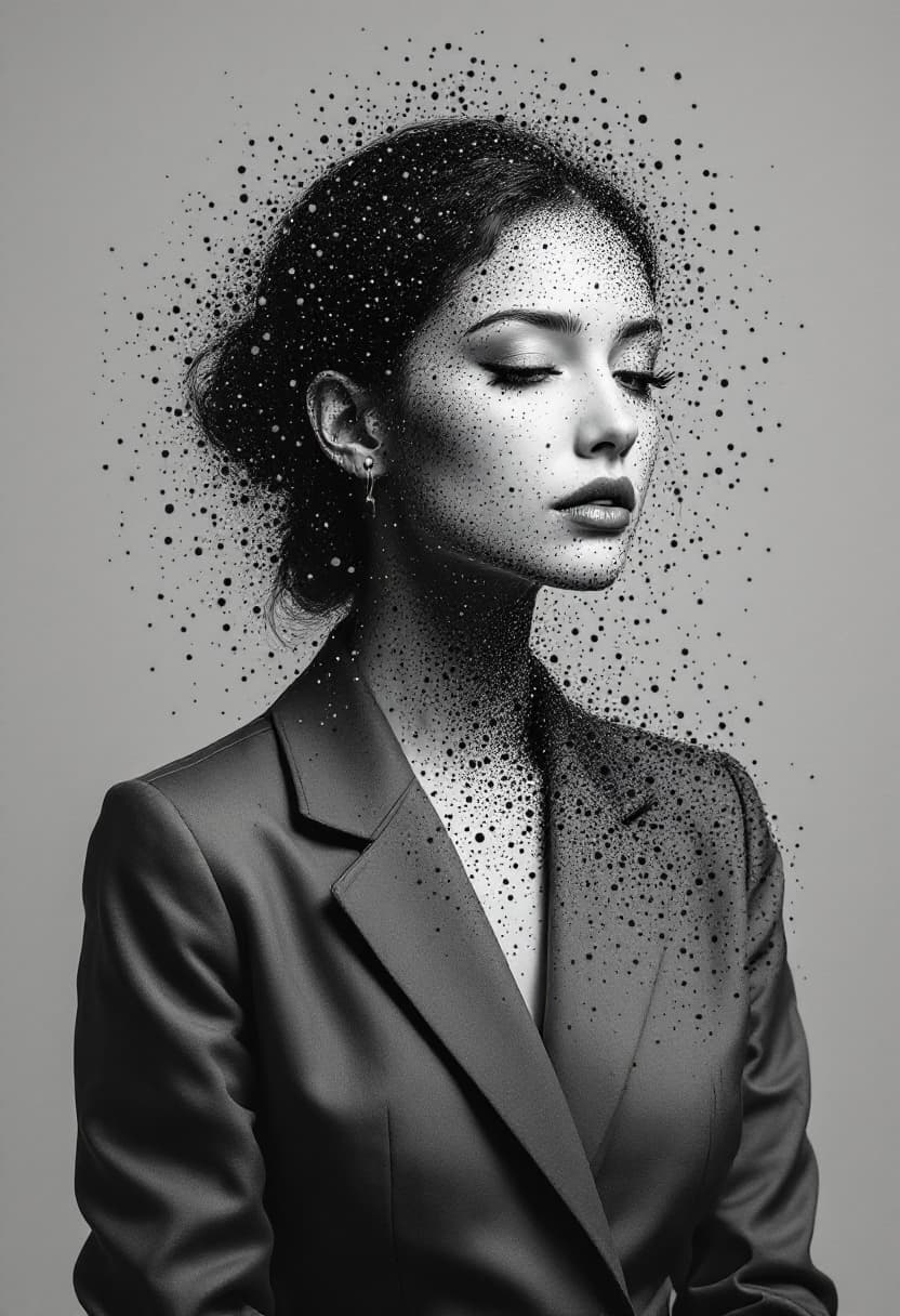 AI generated: hyper-realistic black and white figure portrait of a woman, black hair, styled in a conservative loo...