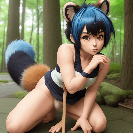 AI generated: Tanuki girl, Michiru Kagemori, animal ears, pixie cut blue hair, brown furry skin, bushy tail, black...