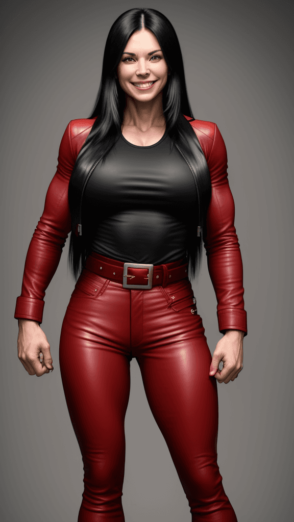 AI generated: 30 year old strong muscular woman, biceps, long black hair, wears red leather pants, wears red leath...