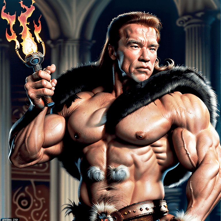 AI generated: arnold schwarzenegger conan as , muscular, rugged, fur pelt, aggressive, battle pose, holding a flam...