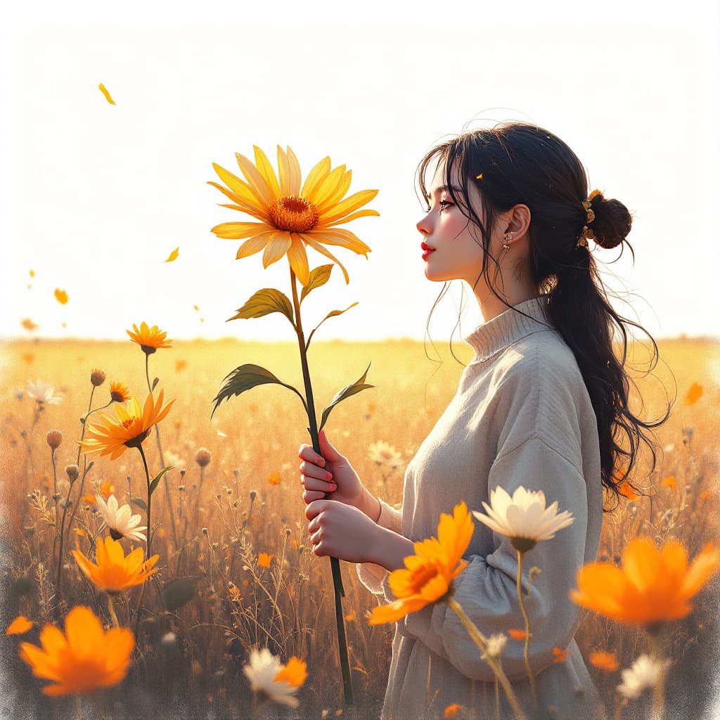 AI generated: A girl holding a huge flower, micro art, girl standing in the autumn field basking in the sun, autum...