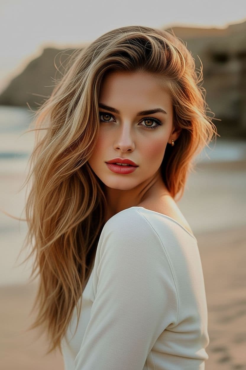AI generated: "Exterior 2.41 landscape image of a supermodel in soft golden hour side light, warm gentle sunlight ...