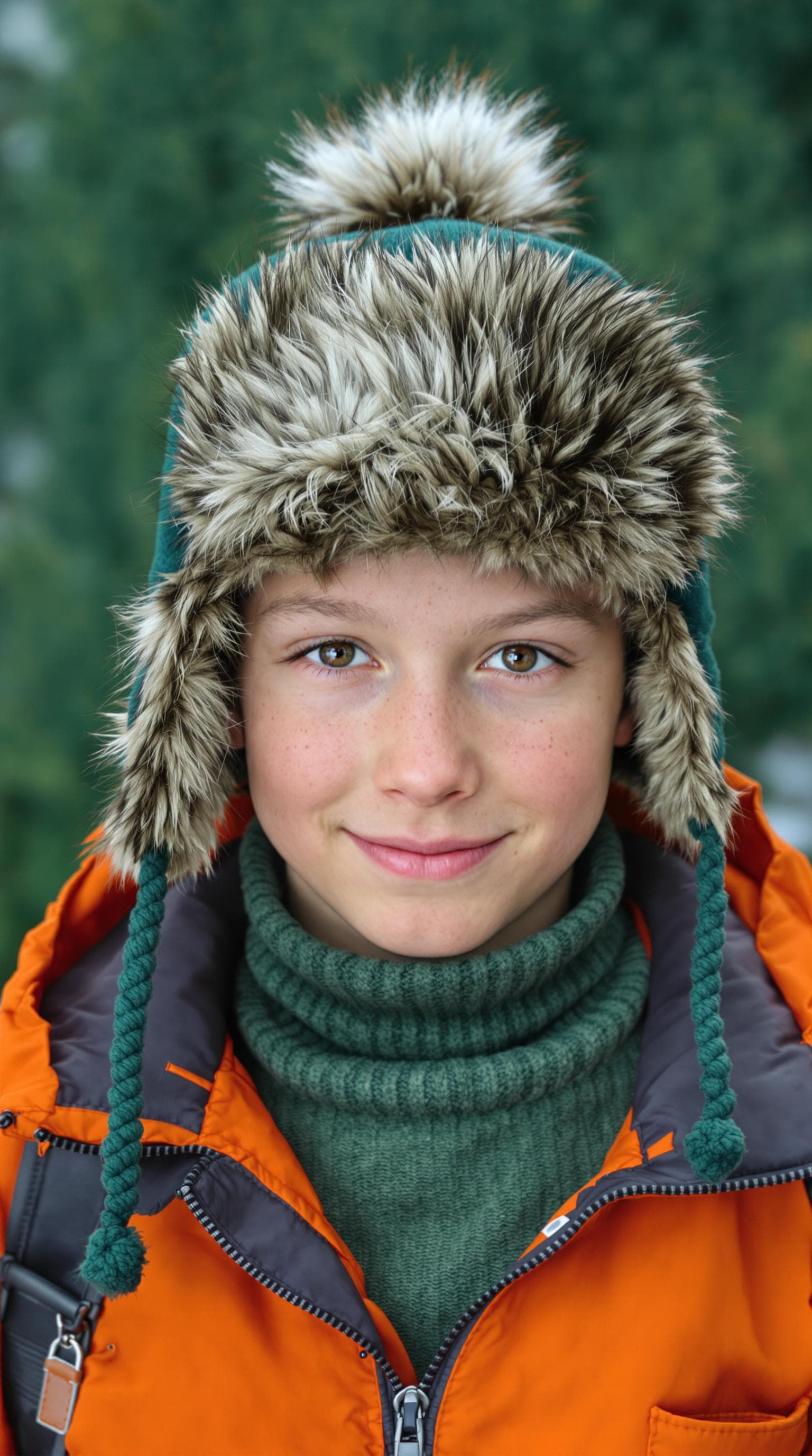 AI generated: A hyper-realistic portrait of a young boy; wearing forest green ushanka hat with fur trim; bright or...