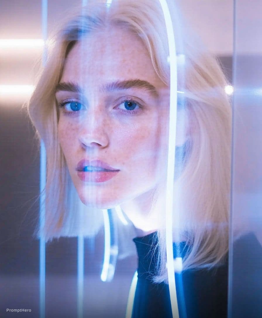 AI generated: digital art, fashion editorial, a close portrait of beautiful blond woman is studio double exposure ...