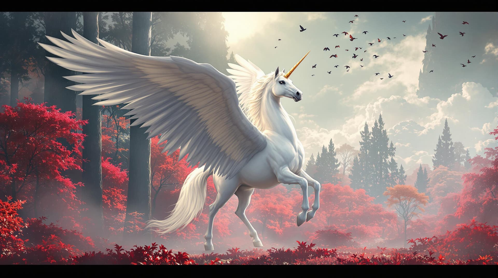 AI generated: a majestic white unicorn with a horse-like body and a single spiraling horn on its forehead, set aga...