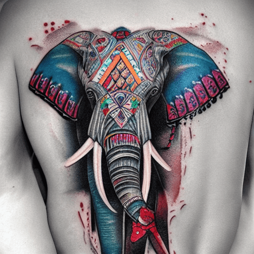 AI generated: TATTOO, COLOR, ON THE BACK, ELEPHANT, ARMOR, PERSIA, MONEY, LUCK,