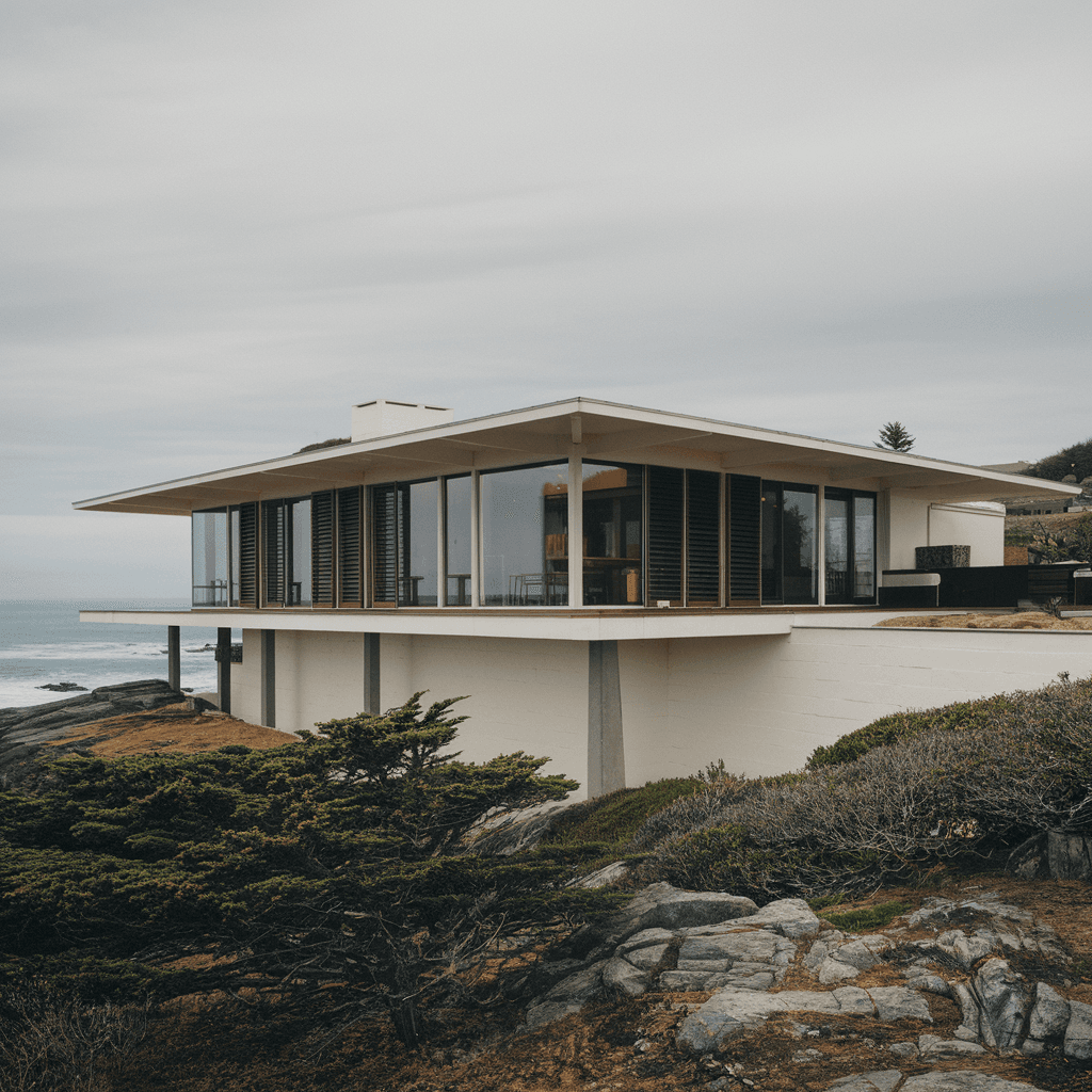 AI generated: Hyper realistic eye level exterior photo of a mid century modern style house overlooking the ocean, ...