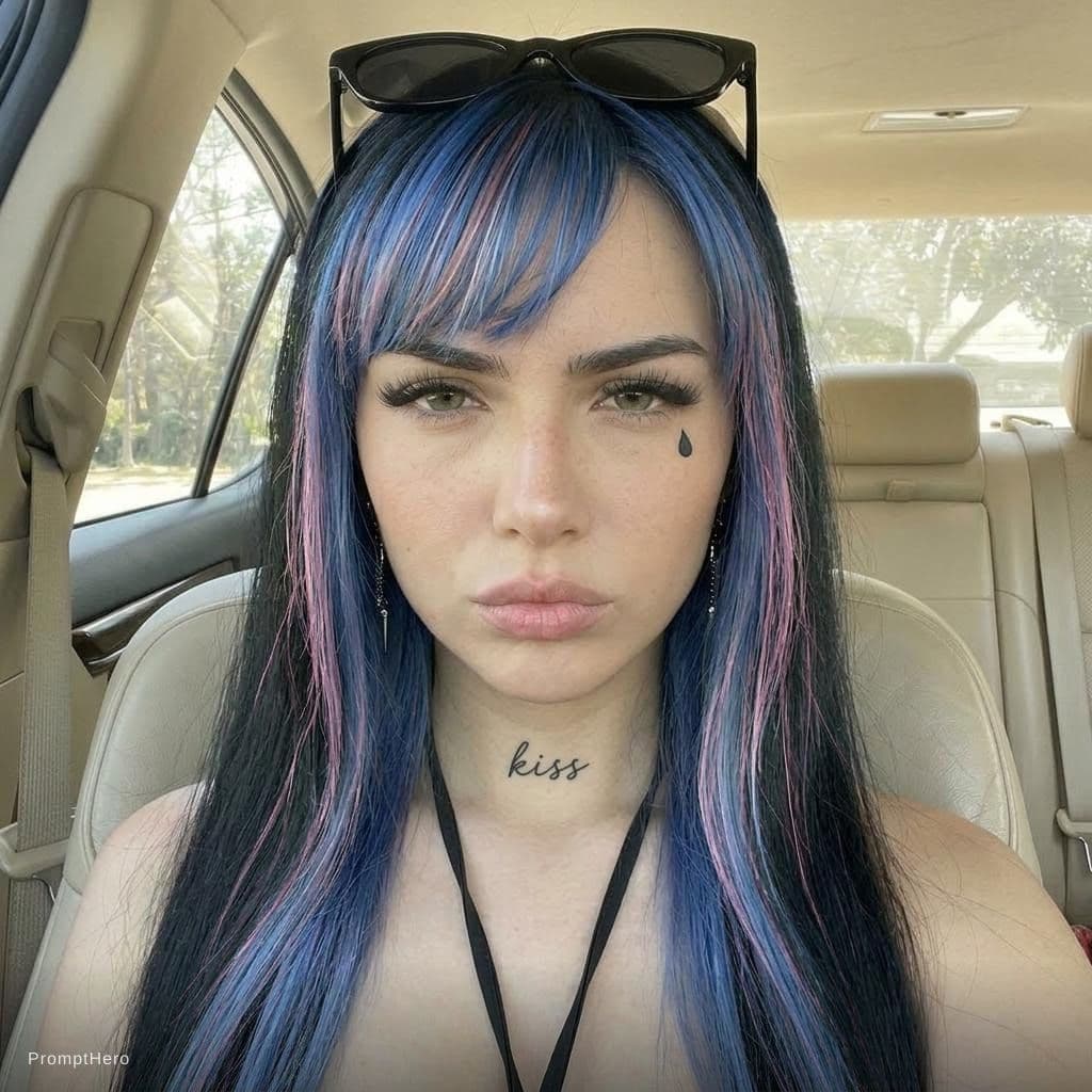 AI generated: add a text "kiss" tattoo on her neck and remove the choker. move her bangs a bit to the side and add...