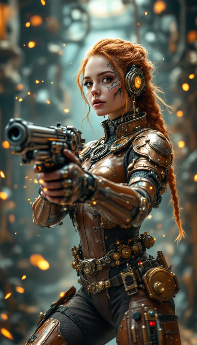 AI generated: An ultra-realistic, full-body action shot of a mesmerizing bronze steampunk inventor woman, exuding ...