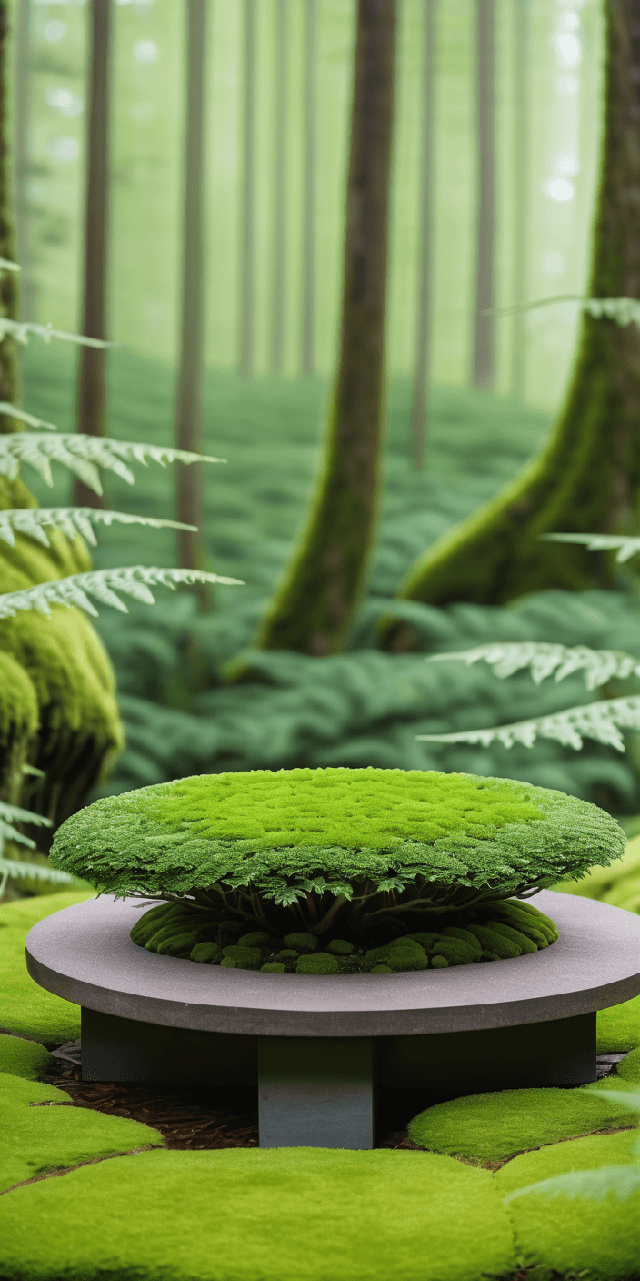 AI generated: A stone eco platform with moss on it,  in the middle of nature, trending on cg society, stage, beaut...