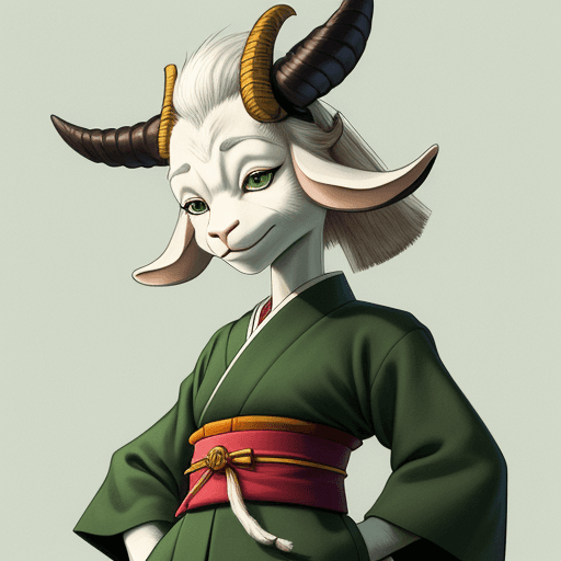 AI generated: artwork by Stan Sakai, style Stan Sakai, 
anthropomorphic goat, female, samurai, green eyes