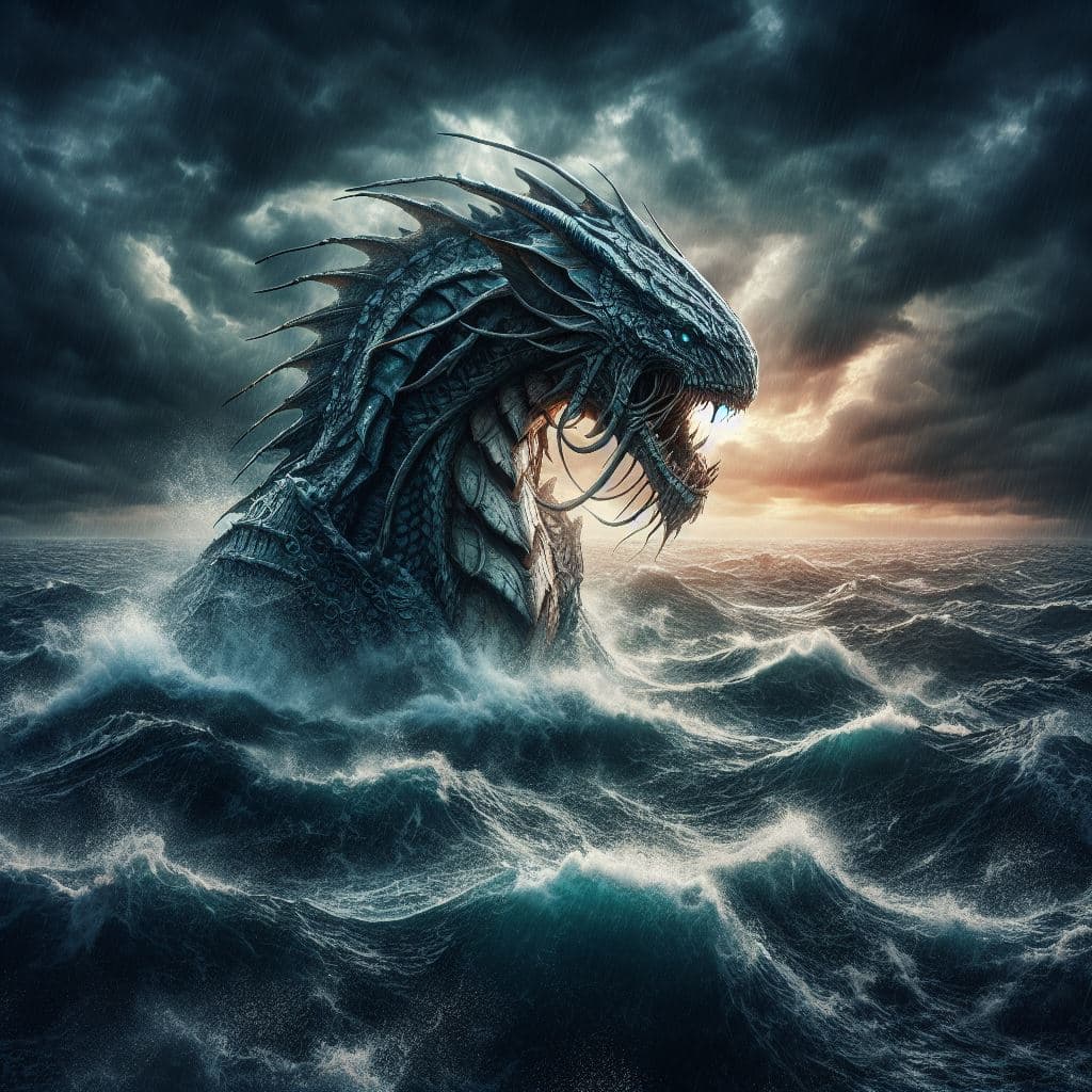 AI generated: On the edge of a vast, storm-tossed sea, Leviathan, a fearsome and majestic sea monster, rules the d...