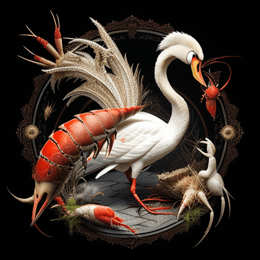 AI generated: swan, pike and crayfish, very bright colors, intricate details, something that can not be at all, on...