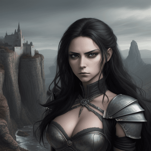 AI generated: Reyna from Valorant with a vengeful look in her eyes, focusing on her face with a landscape behind h...