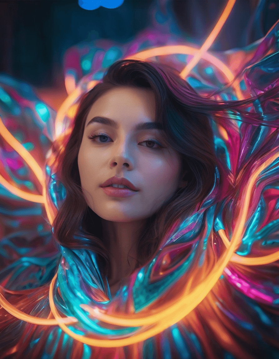 AI generated: neon garland around face woman, close up, neon lights on background, luminescent particles, masterpi...