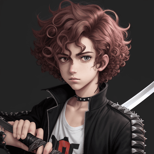 AI generated: curly hair middle part anime boy punk with a sword