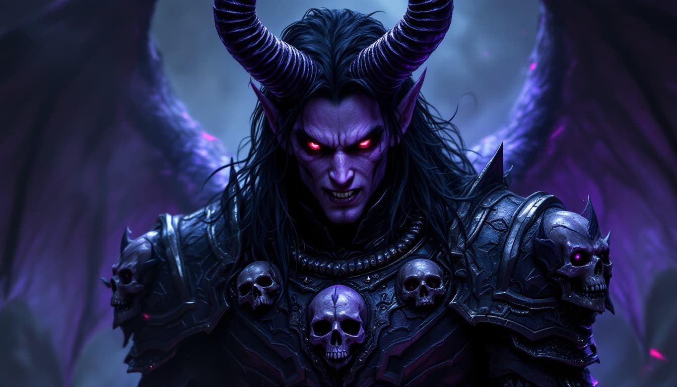 AI generated: His skin dark  purple, eyes burning red, fangs like vampire. with Demon influences and Angel like tr...
