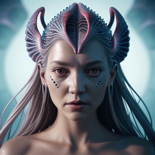 AI generated: Goddess close-up portrait ribcagel. jellyfish phoenix head, nautilus, orchid, skull, betta fish, bio...
