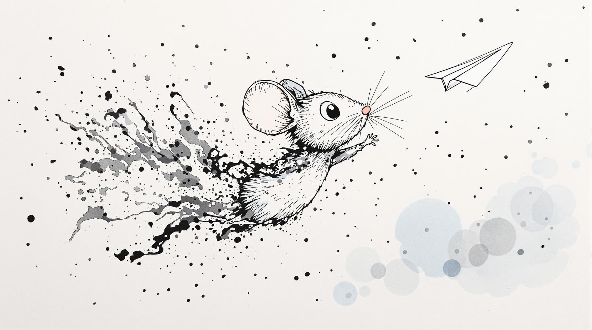 AI generated: cute Mouse with straight face flying a paper airplane, detailed,ink style,Ink splash art on the back...